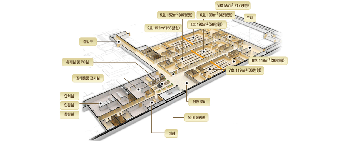 지하1층 -출입구 , 휴게실 및 pc실, 장례용품전시실, 안치실, 입관실, 참관실, 매점, 안내 전광판, 현관로비, 주방, 2호,5호,3호, 6호, 7호, 8호, 9호